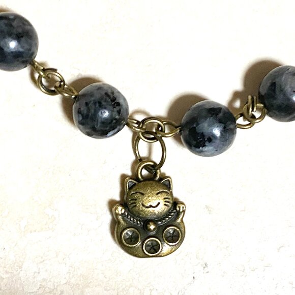 Natural Dark Larvikite Necklace, Bronze Fortune Cat + Genuine Gemstone Choker - Picture 6 of 14
